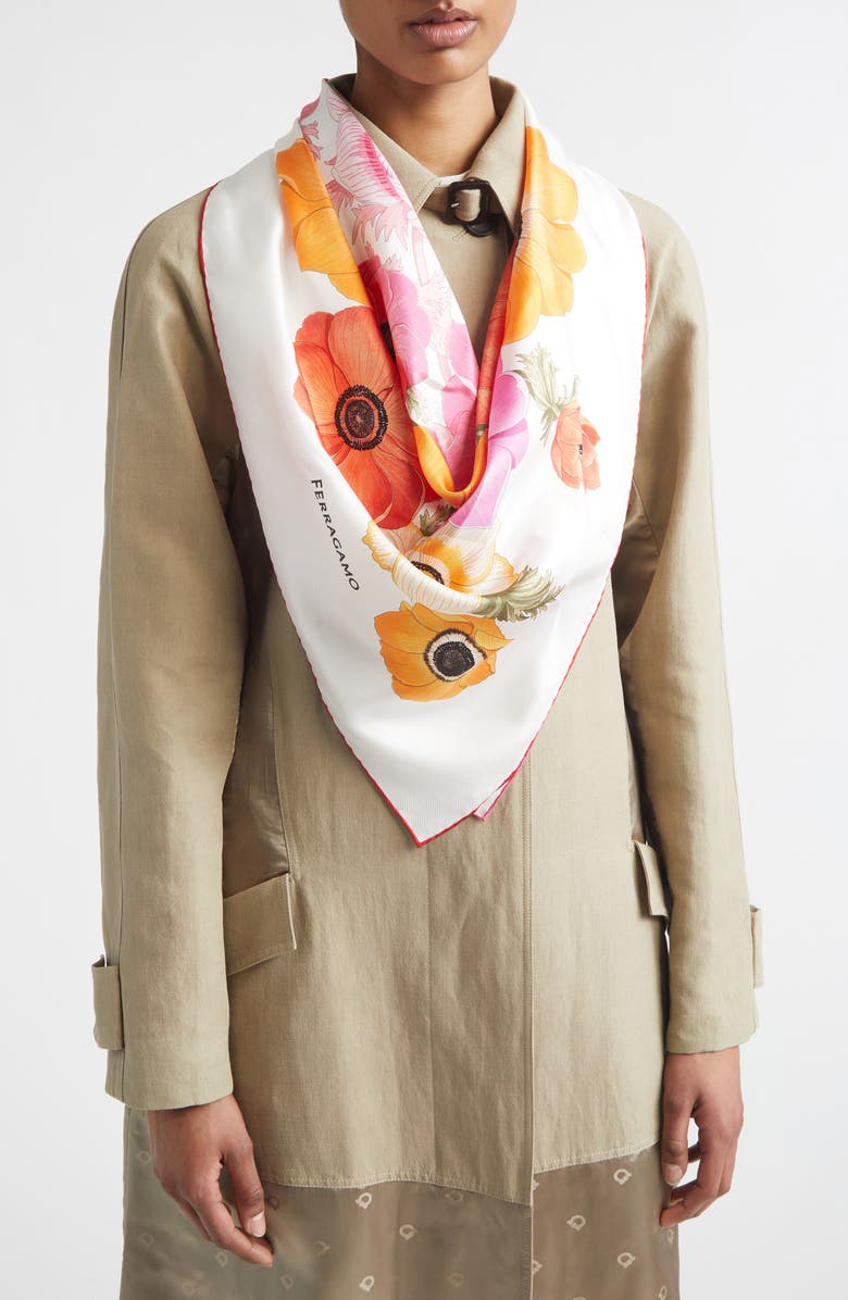 FERRAGAMO Anemone Floral Silk Square Scarf, Alternate, color, Ivory/Rose/Orange