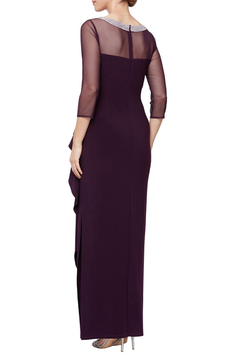 Alex Evenings Illusion Sleeve Side Ruched Gown, Alternate, color, Eggplant