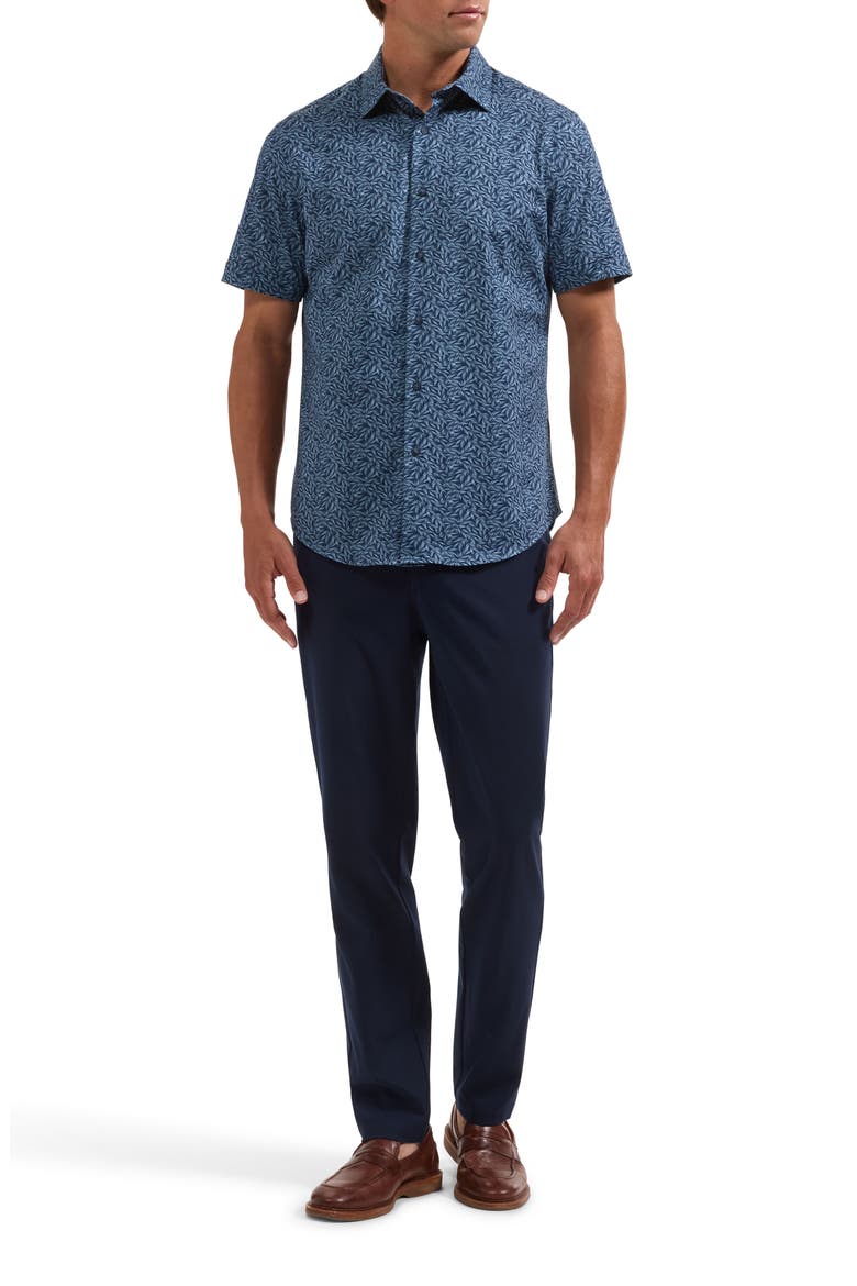 Miles OoohCotton® Leaf Print Short Sleeve Button-Up Shirt, Alternate, color, NAVY
