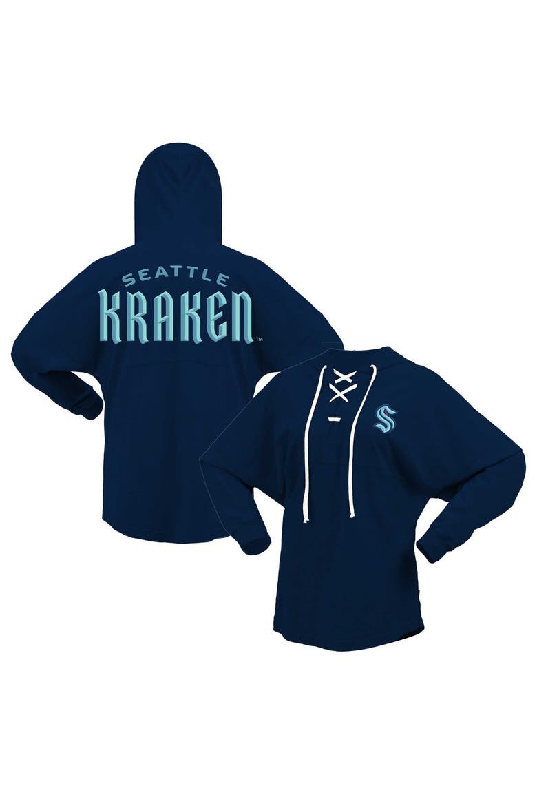 Women's Fanatics Branded Deep Sea Blue Seattle Kraken Jersey Lace-Up V-Neck Long Sleeve Hoodie T-Shirt, Main, color, Navy