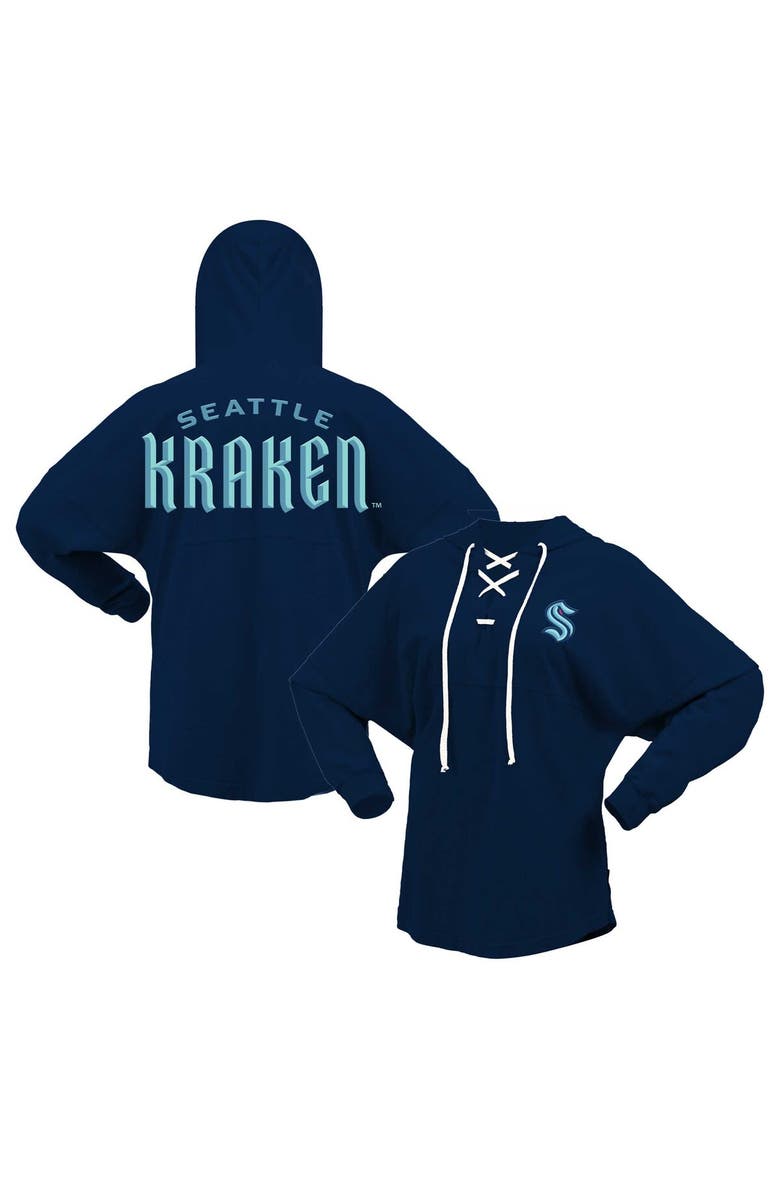 FANATICS Women's Fanatics Branded Deep Sea Blue Seattle Kraken Jersey Lace-Up V-Neck Long Sleeve Hoodie T-Shirt, Main, color, Navy