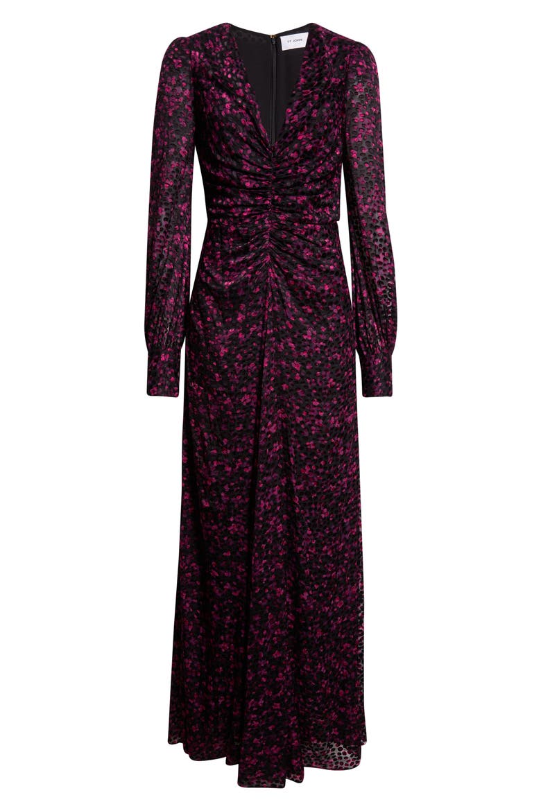 Long Sleeve Satin Leopard Jacquard Gown, Alternate, color, BLACK HOT PINK MULTI