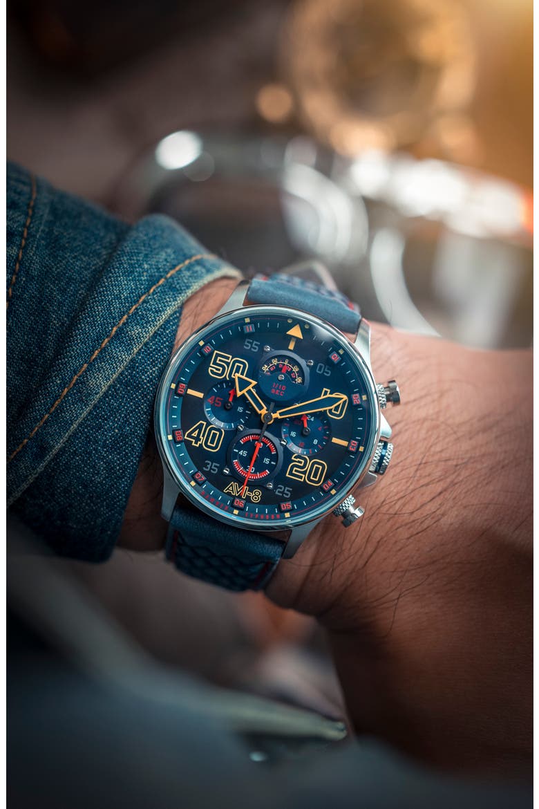 Hawker Typhoon Coningham Baldwin Chronograph Leather Strap Watch, 42mm, Alternate, color, BLUE