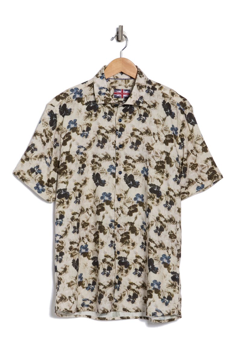 Floral Short Sleeve Viscose & Linen Button-Up Shirt, Alternate, color, BLUE / BLEU