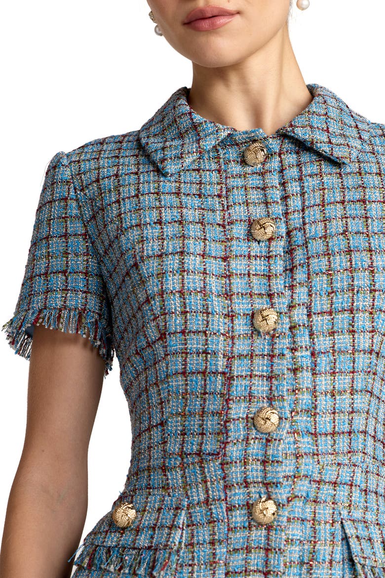 Collared Tweed Mini Dress With Fringe Trim, Alternate, color, Blue Multi