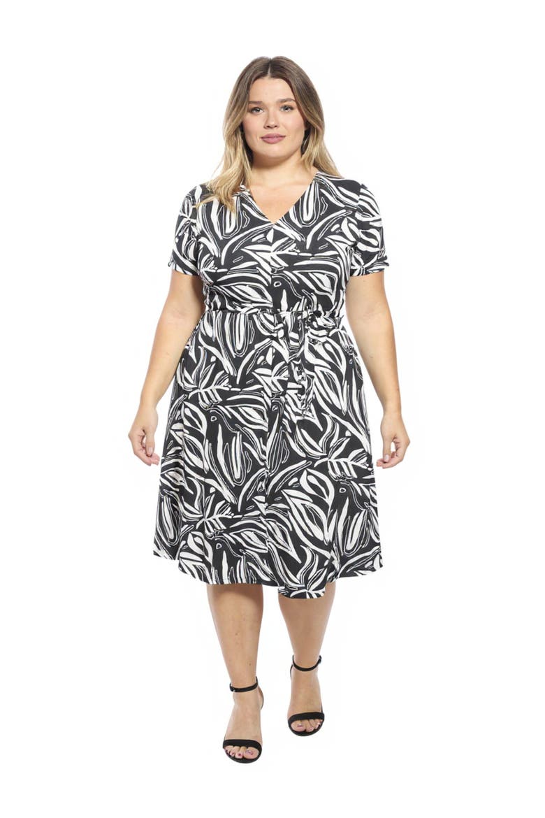 Curvy Essential Abstract V-Neck Short Sleeve A-Line Midi Dress, Main, color, Black Multi