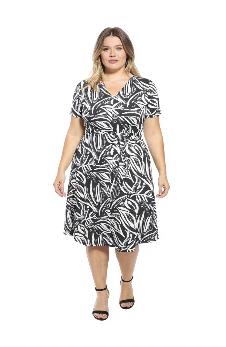 24seven Comfort Apparel Curvy Essential Abstract V-Neck Short Sleeve A-Line Midi Dress, Main, color, Black Multi