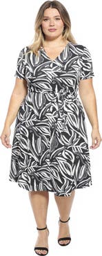 24seven Comfort Apparel Curvy Essential Abstract V-Neck Short Sleeve A-Line Midi Dress