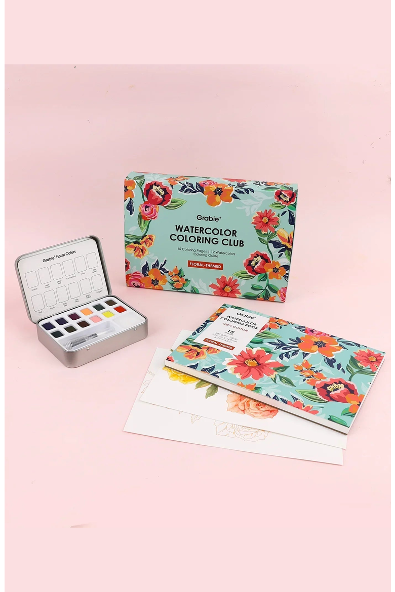 Floral Themed Watercolor Coloring Club Box, Alternate, color, Aqua Floral
