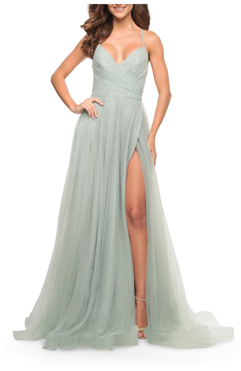 La Femme Rhinestone Tulle Ballgown with Slit and Lace Up Back, Alternate, color, Sage