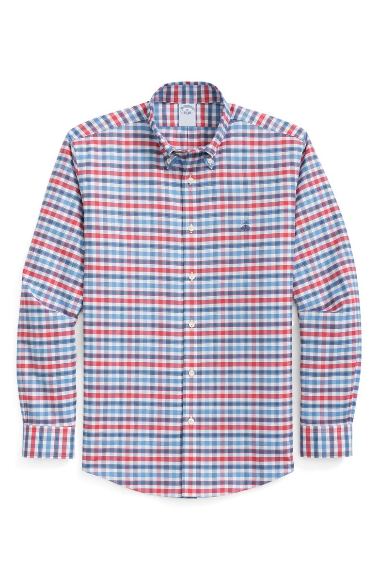 Brooks Brothers Non-Iron Regular Fit Check Stretch Cotton Button-Down Oxford Shirt, Main, color,