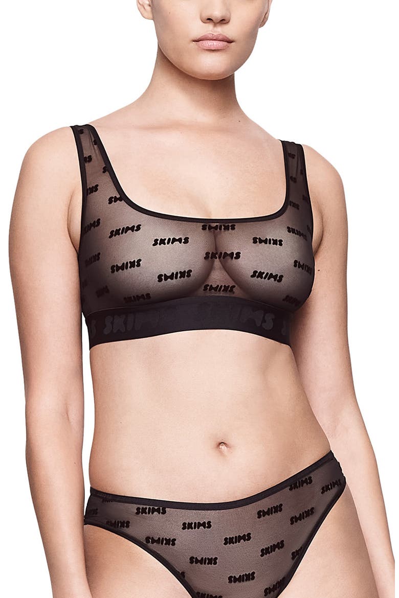 Flocked Logo Mesh Bralette, Main, color, ONYX