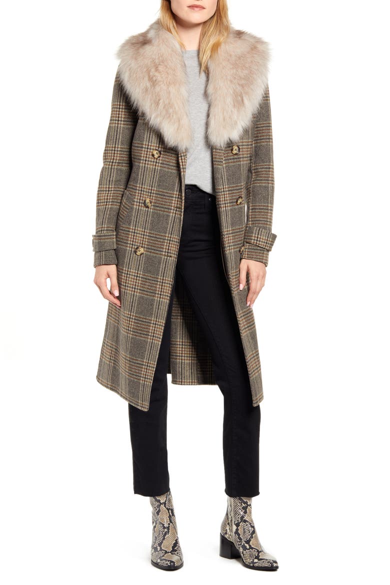 Plaid Wool Blend Coat with Removable Faux Fur Collar, Main, color, BROWN PLAID