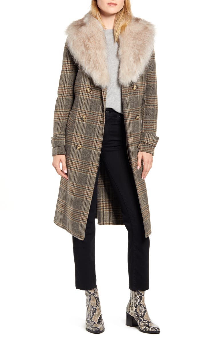 Kenneth Cole New York Plaid Wool Blend Coat with Removable Faux Fur Collar, Main, color, 
