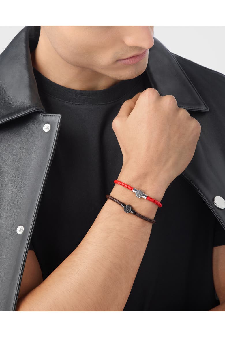 Leather Stainless Steel Bracelet Plein Tag Men, Alternate, color, red/silver