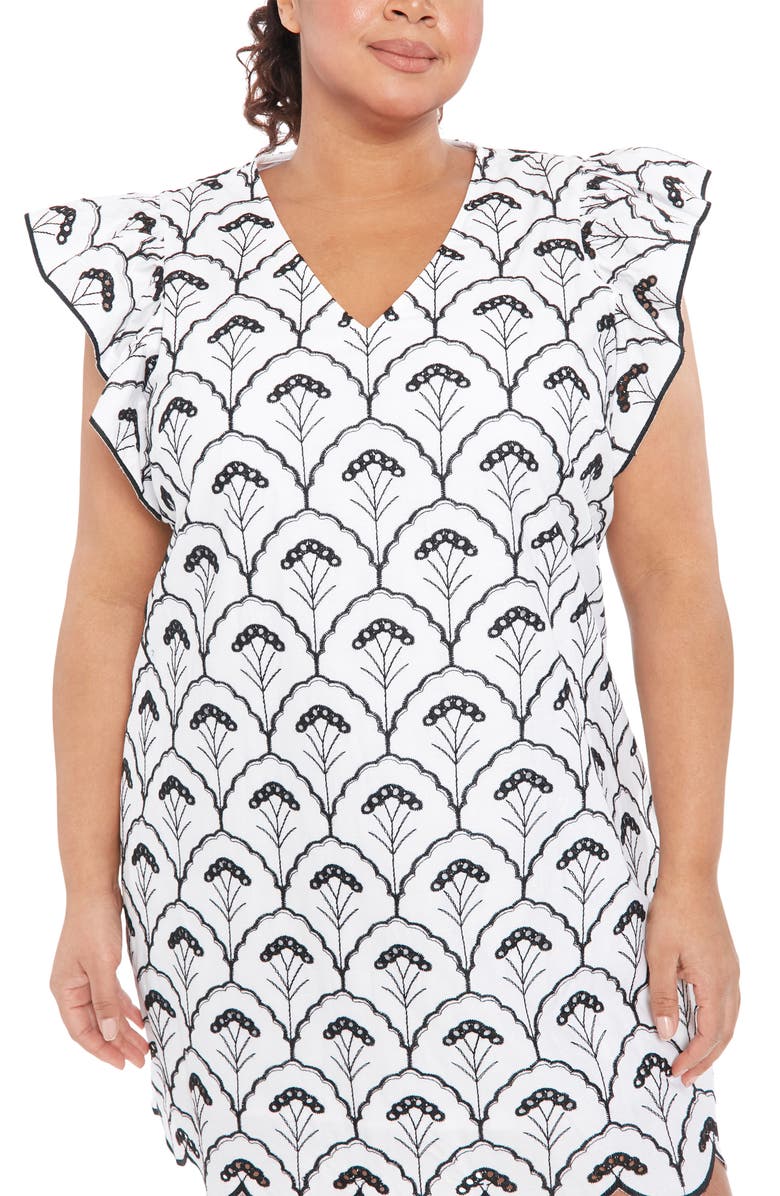 London Times Embroidered Cotton Eyelet Shift Dress, Alternate, color, White Black