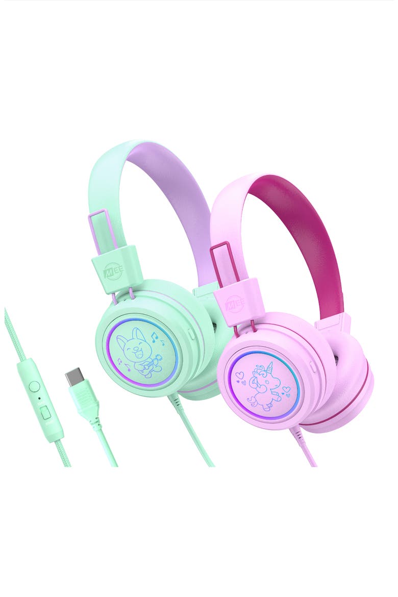 KidJamz KJ55U (2 Pack) USB-C Kid's Headphones w/ LED Lights, Main, color, Mint/Pink