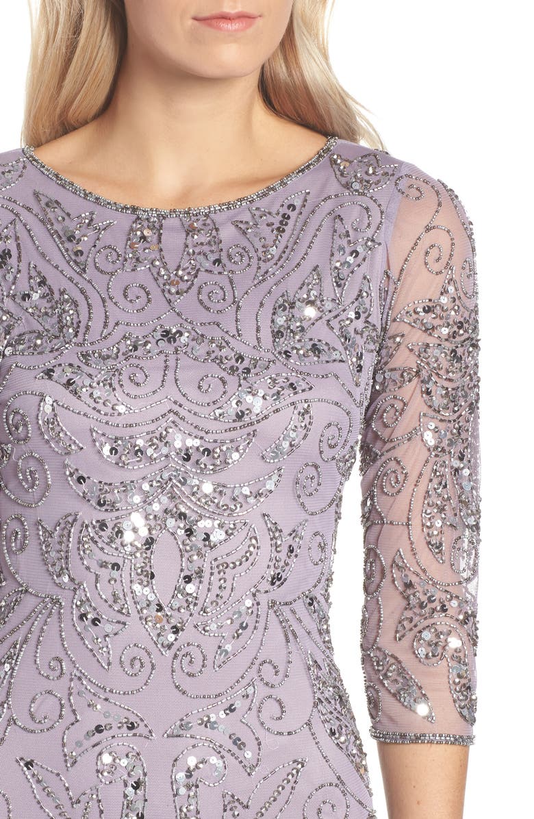 Pisarro Nights Illusion Sleeve Beaded A-Line Gown, Alternate, color, New Lavender