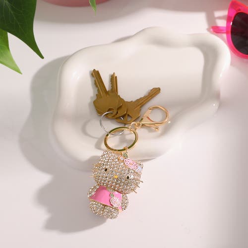 Hello Kitty Sanrio  Pink Crystal Flower Bling Keychain Bag Charm In Gold