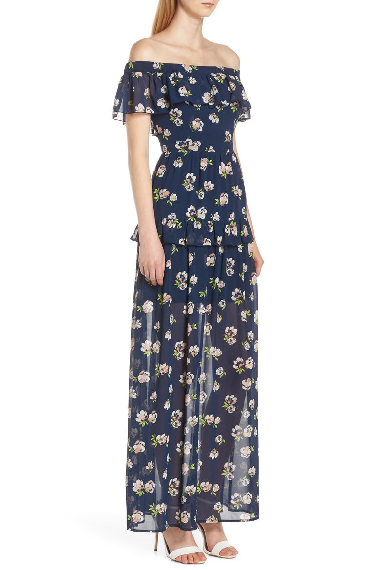 Off the Shoulder Ruffle Maxi Dress, Alternate, color, NAVY PEACH FLORAL