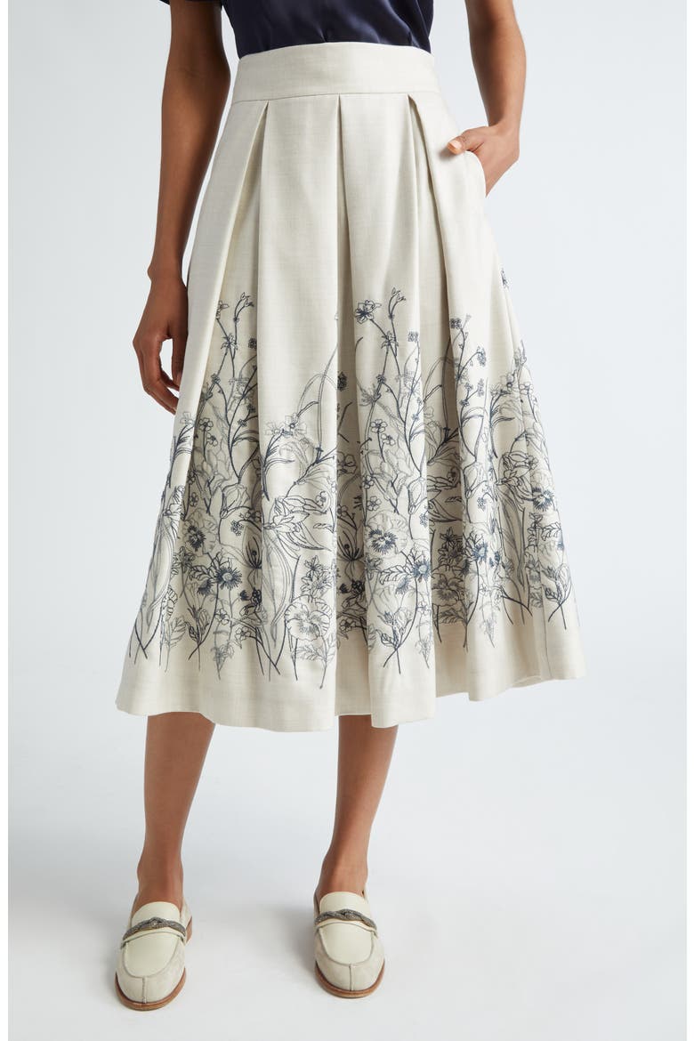 Floral Embroidered Pleated Midi Skirt, Main, color, IVORY
