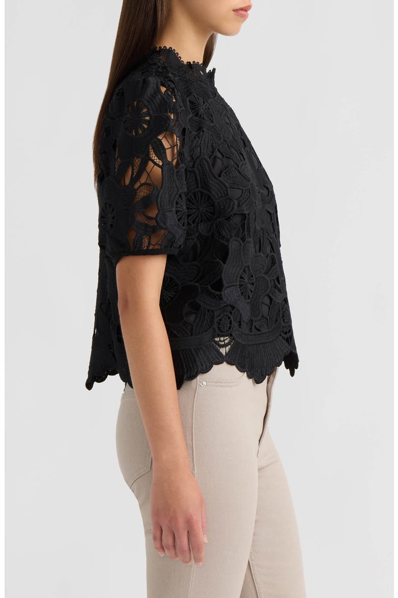 Sequined Lace Top with Puffed Sleeves, Alternate, color, BLACK