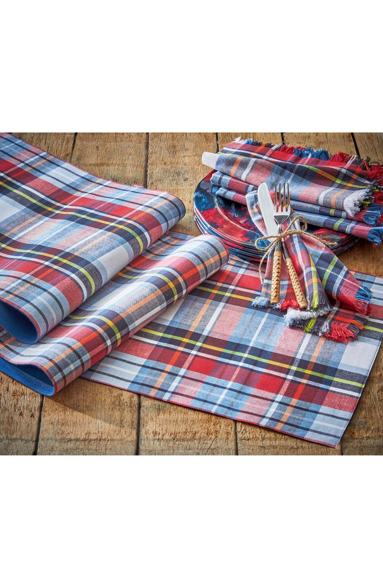 tag Weekend Plaid Red Blue Black Cotton Table Runner Décor, Alternate, color, Red