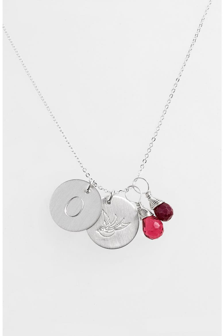 Ruby Quartz Initial & Swallow Sterling Silver Disc Necklace, Main, color, FUCHSIA AND RUBY O