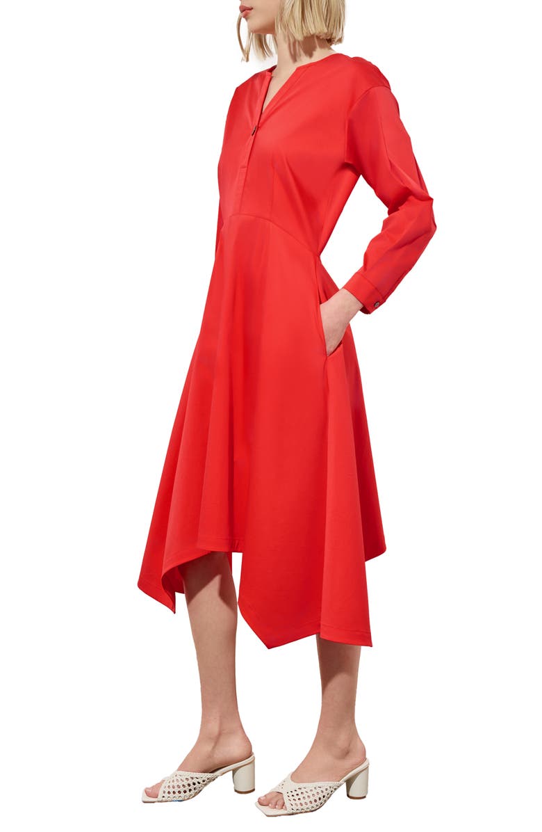 Ming Wang Long Sleeve Asymmetric Hem Cotton Blend Dress, Alternate, color, Flamenco