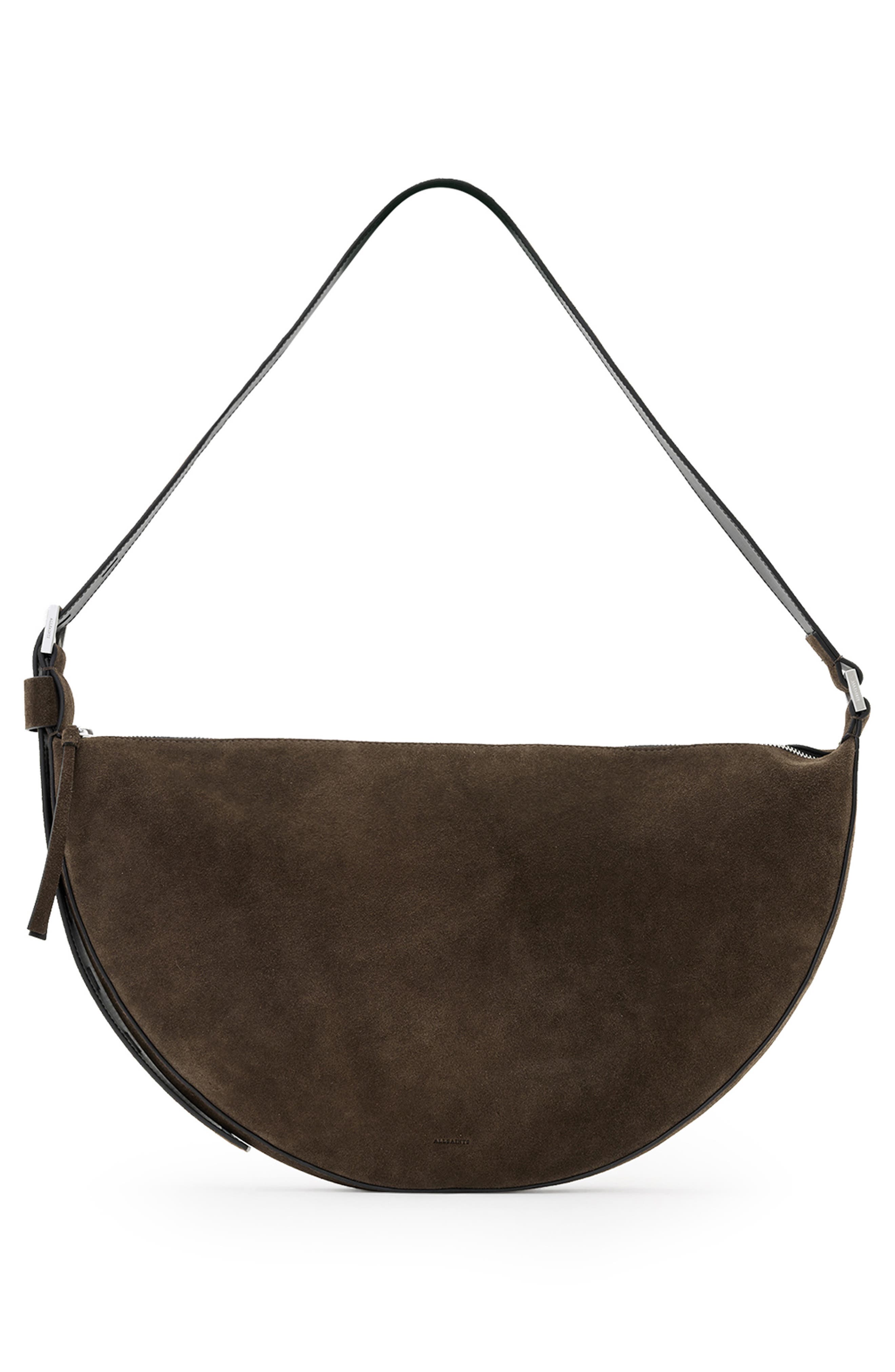 AllSaints Half Moon Suede Shoulder Bag, Alternate, color, Fango Brown
