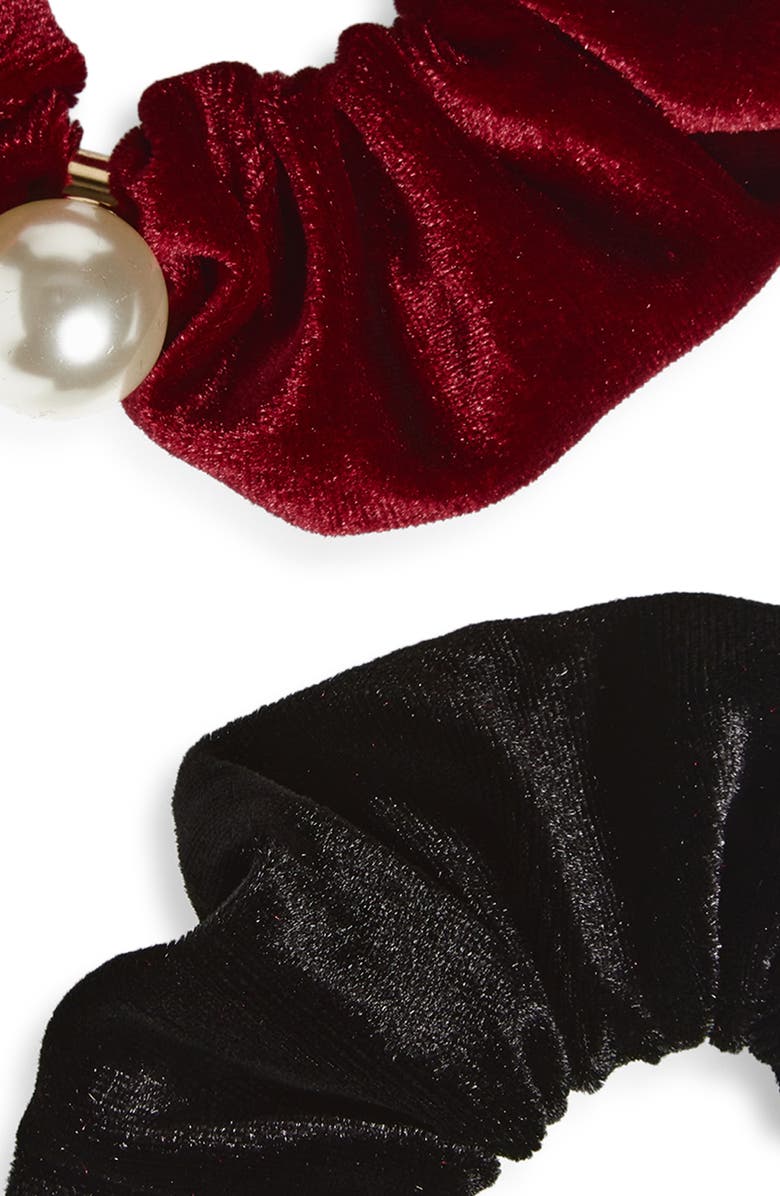 Tasha Assorted 2-Pack Velvet Scrunchies with Faux Pearl, Alternate, color, Red/ Black