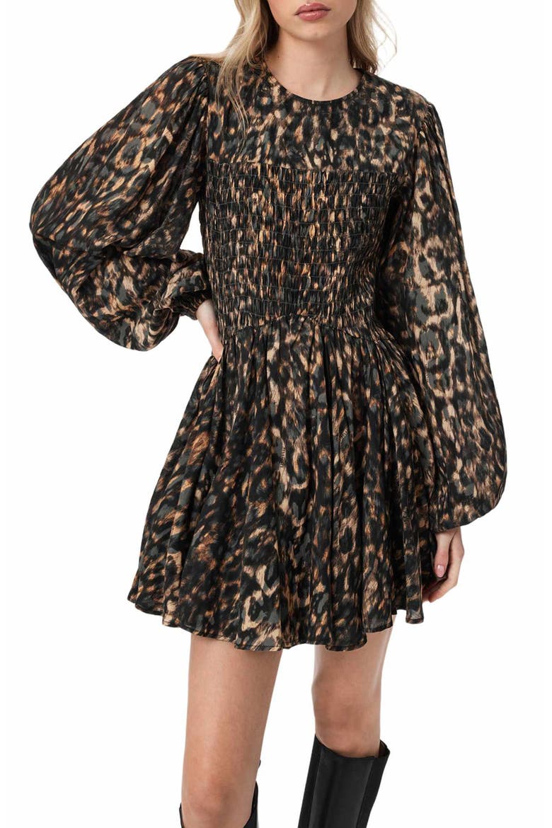 Chia Smock Bodice Long Sleeve Cotton Blend Minidress, Alternate, color, PROWL GOLDEN BROWN