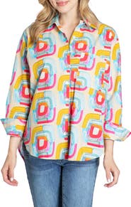 APNY Oversize Feather Print Button-Up Shirt
