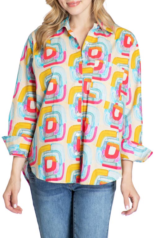 Apny Oversize Feather Print Button-up Shirt In Yellow Multi