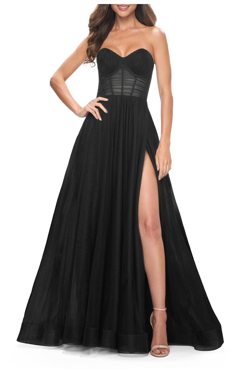 La Femme Strapless Sweetheart A-Line Corset Prom Dress, Main, color, Black