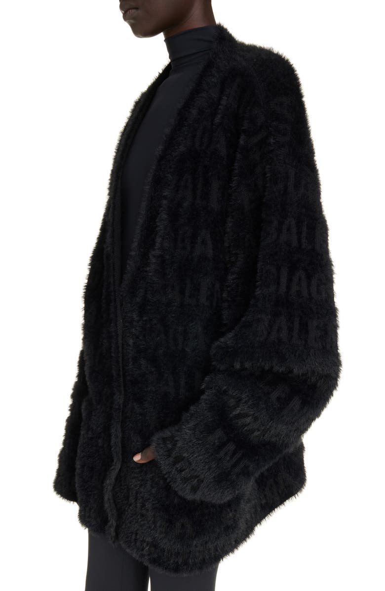Balenciaga Oversize Furry Logo Jacquard Wool Blend Cardigan, Alternate, color, 