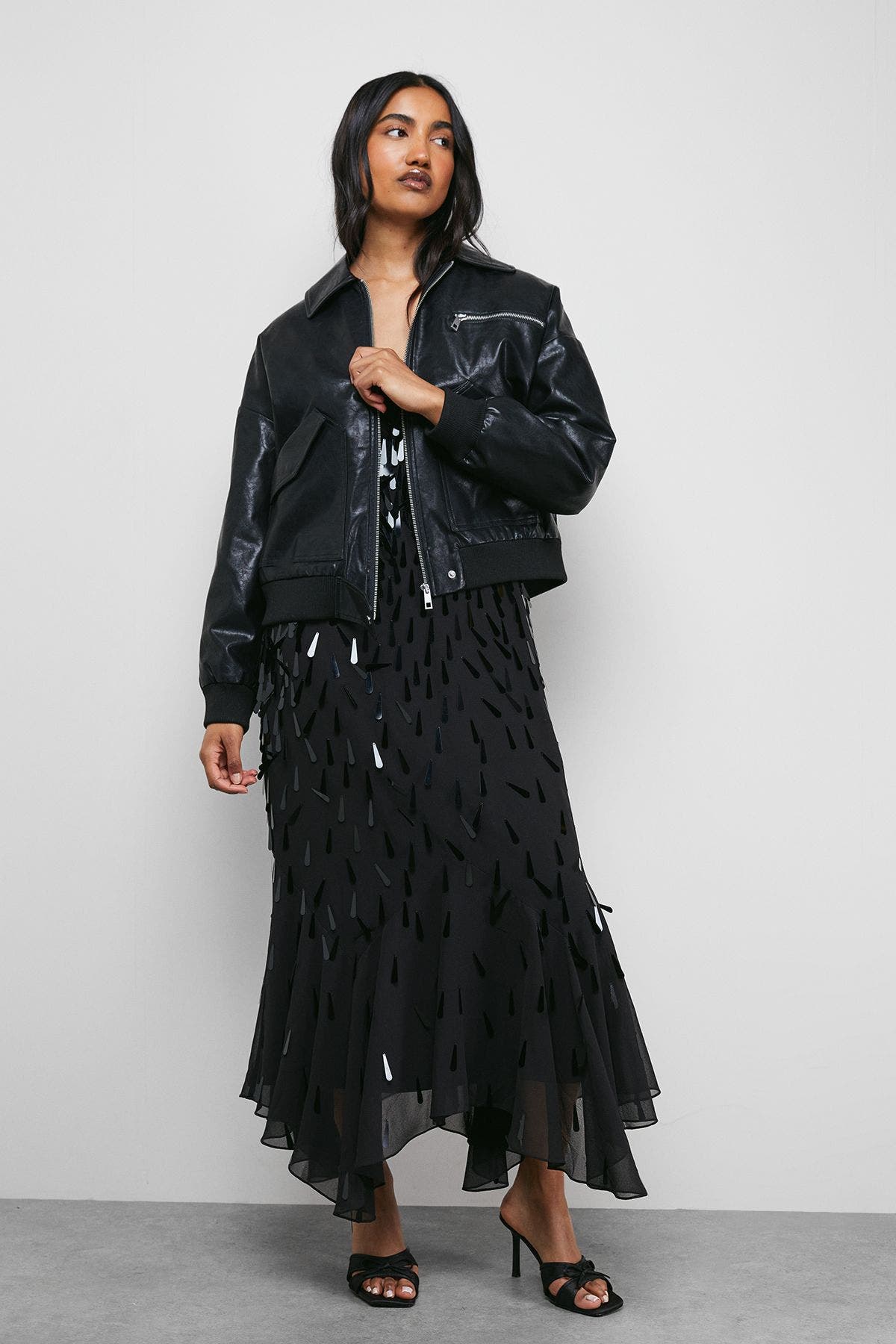 Faux Leather Distressed Bomber Jacket - image 2
