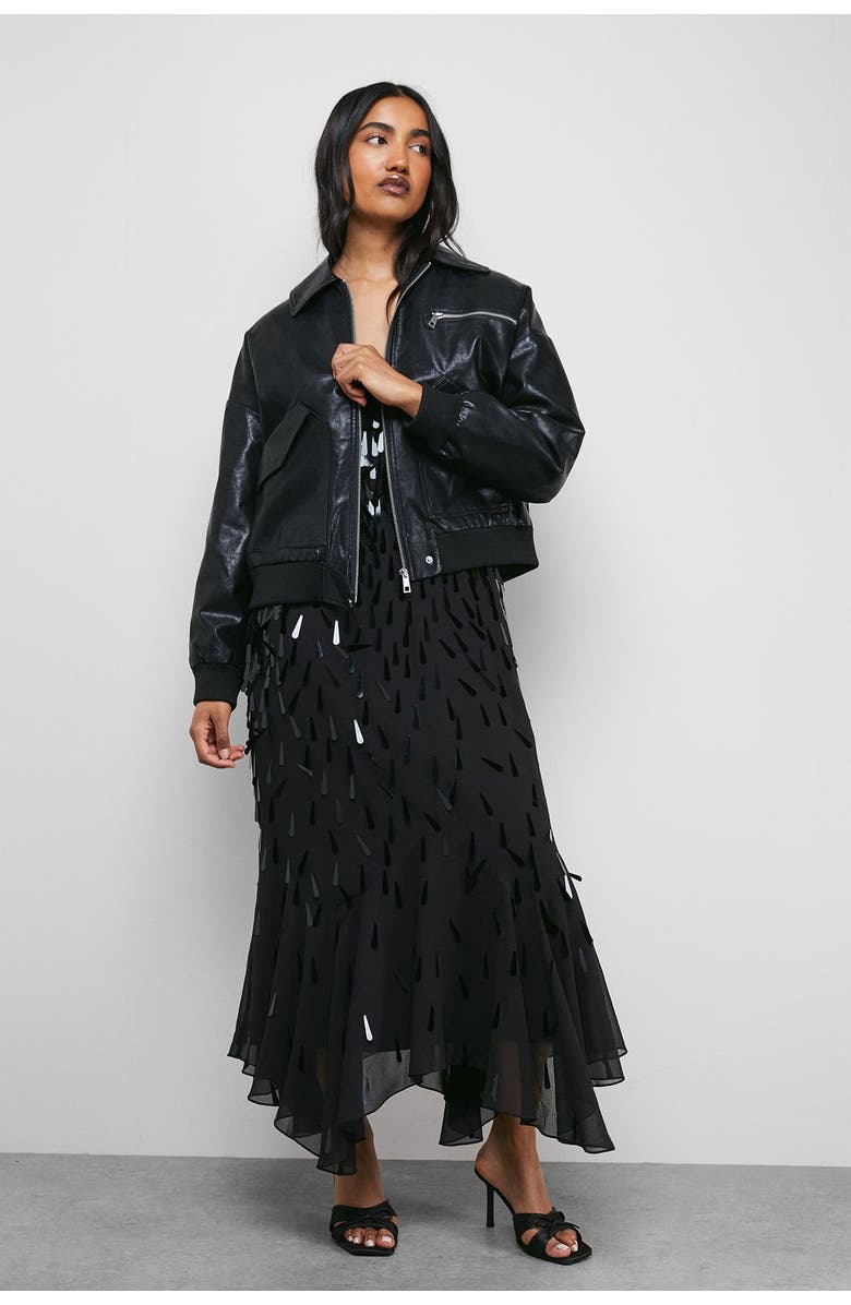 Warehouse Faux Leather Distressed Bomber Jacket, Alternate, color, Black