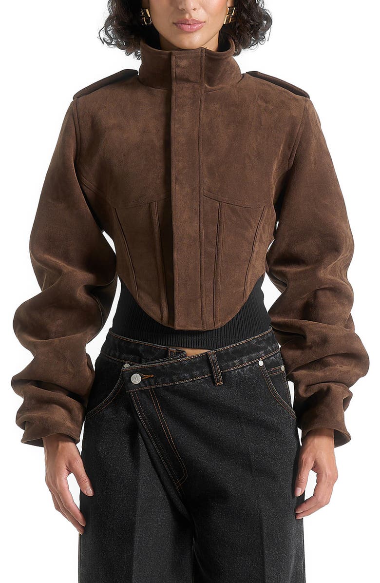 Manière De Voir Solange Suede Tacked Sleeve Corset Jacket, Main, color, Brown