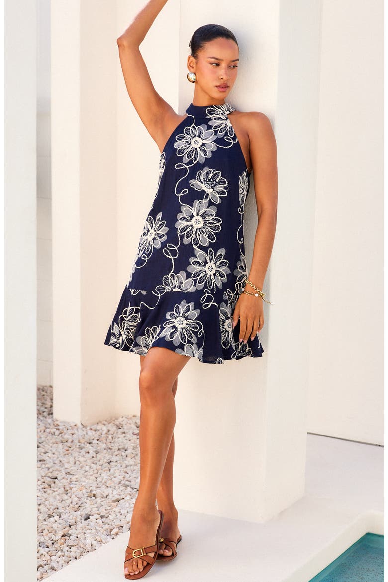 Brenda Embroidered Halter Dress, Alternate, color, NAVY