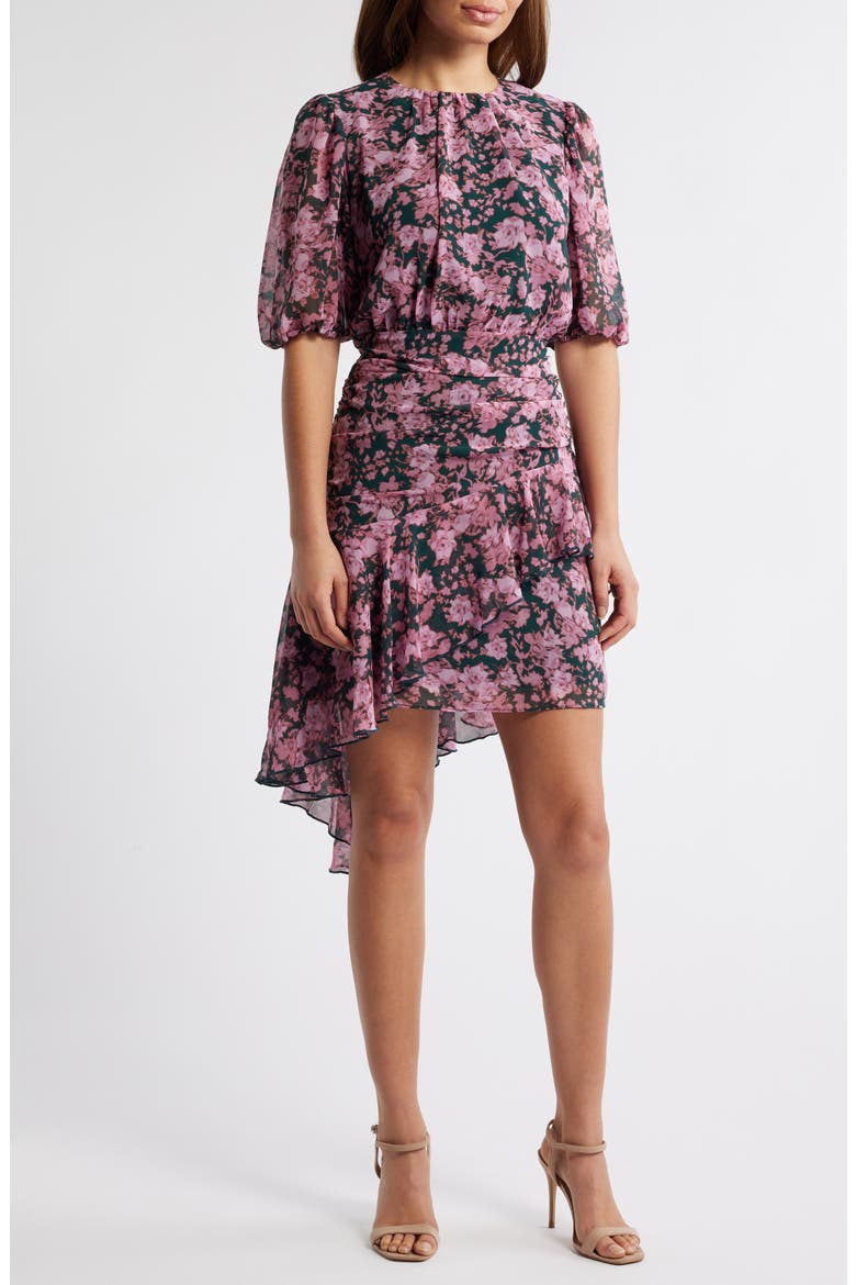 Floral Asymmetric Ruffle Chiffon Dress, Main, color, GREEN- PINK WIND FLORAL