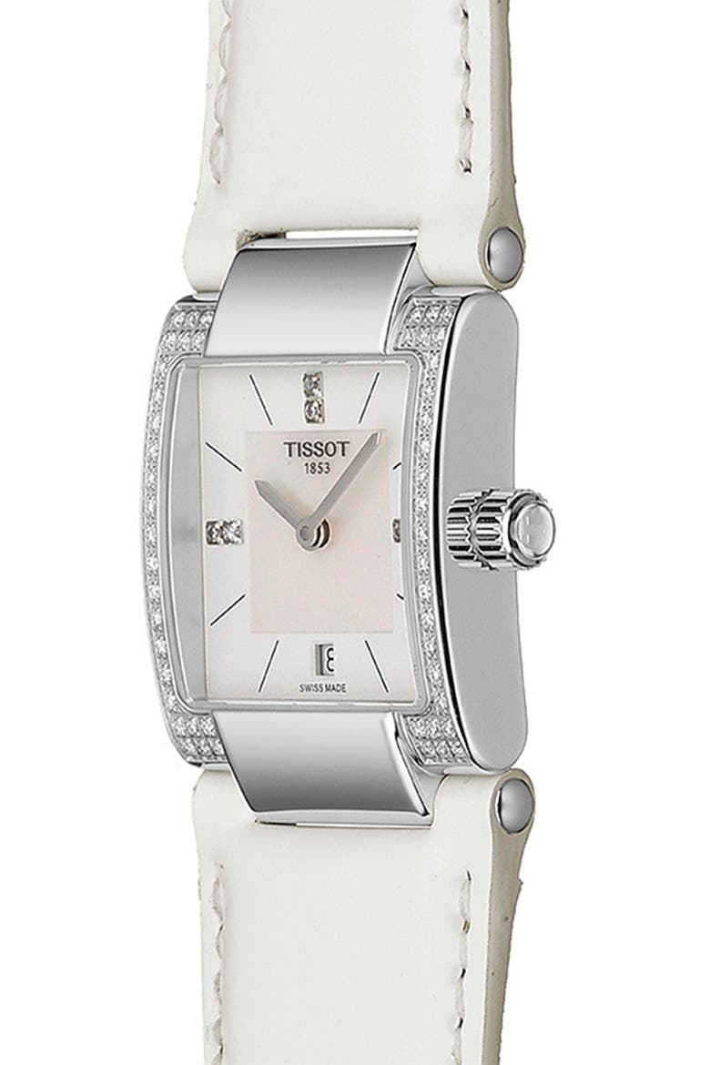 Women's T-2 Mother of Pearl Diamond Accented Leather Strap Watch- 0.16 ctw, 32mm, Alternate, color, NO COLOR
