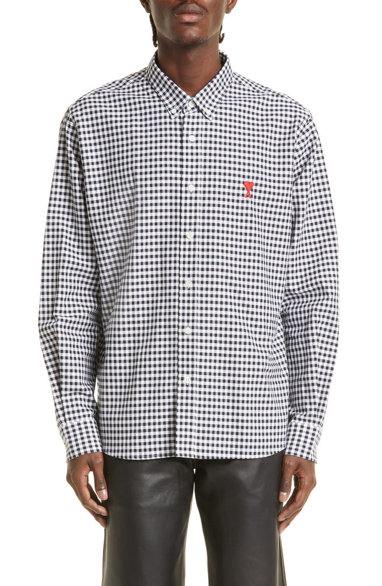 AMI PARIS Ami De Coeur Embroidered Gingham Button-Down Shirt, Main, color, 