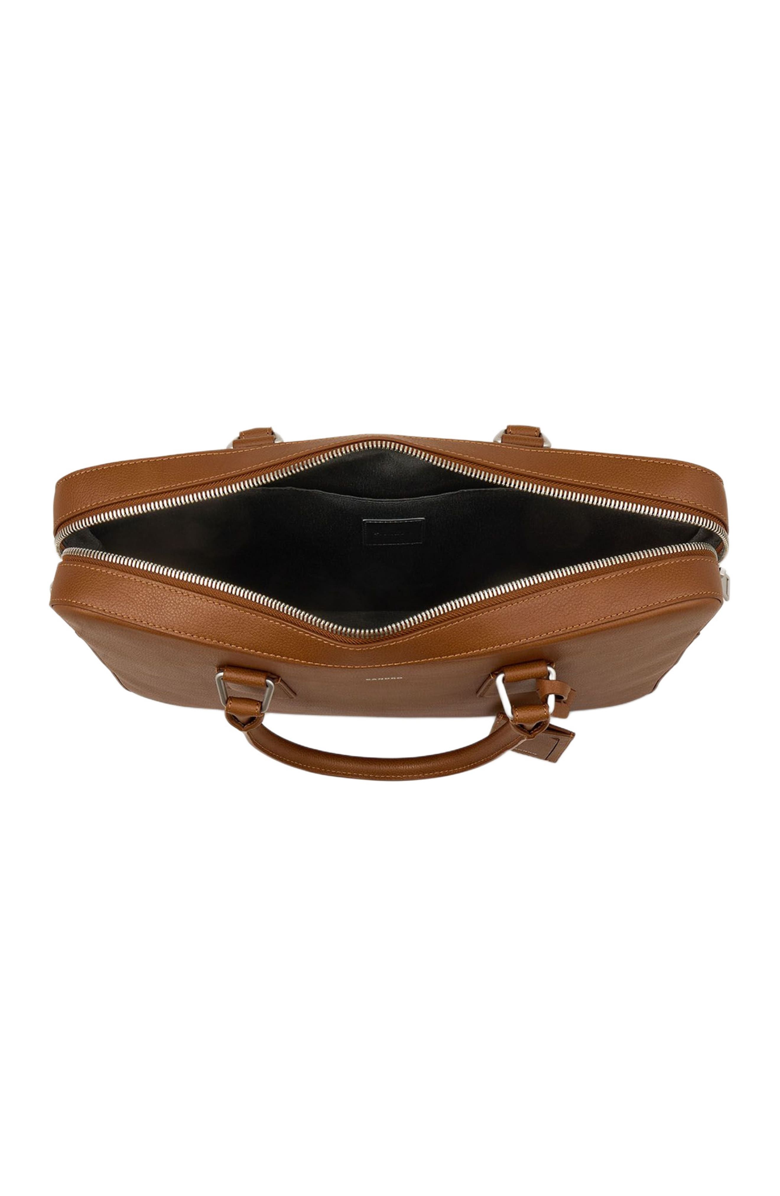 SANDRO Large grained leather briefcase, Alternate, color, Cognac