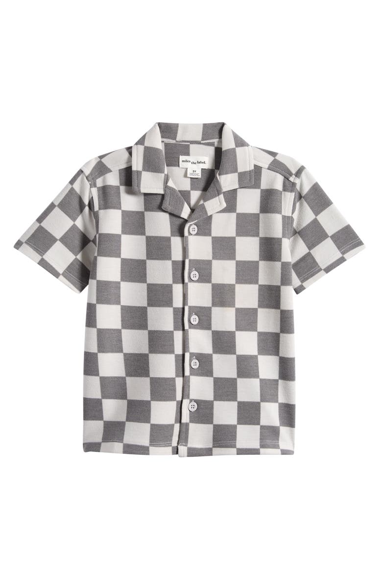 MILES THE LABEL Kids' Checkerboard Print Button-Up Shirt, Main, color, Light Grey
