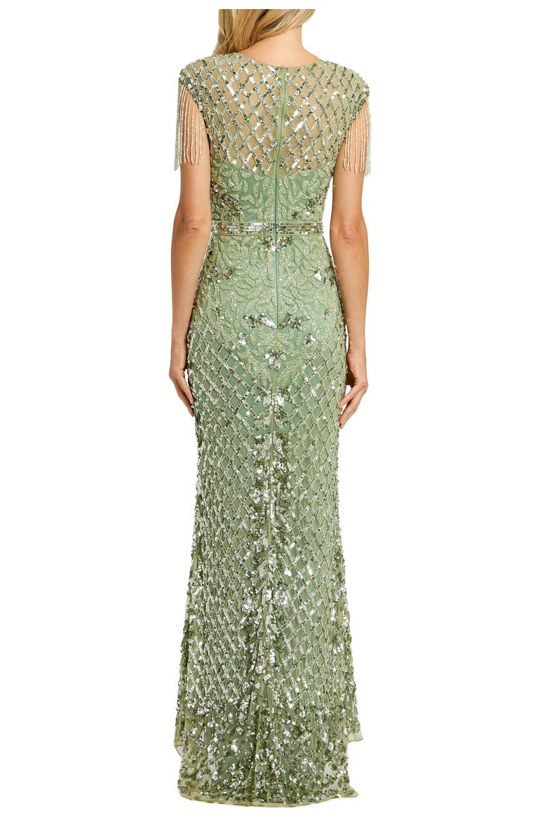 Mac Duggal Petite Beaded Fringe High-Neck Fitted Evening Gown, Alternate, color, Sage