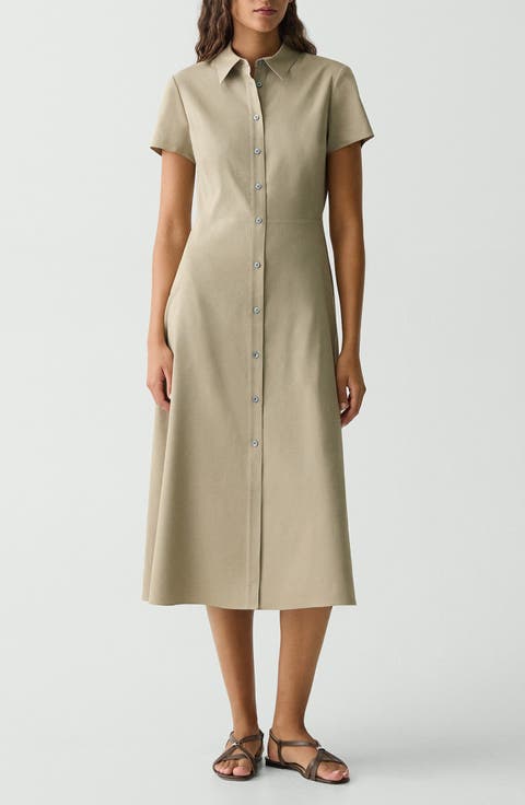 Short Sleeve Linen Blend Midi Shirtdress