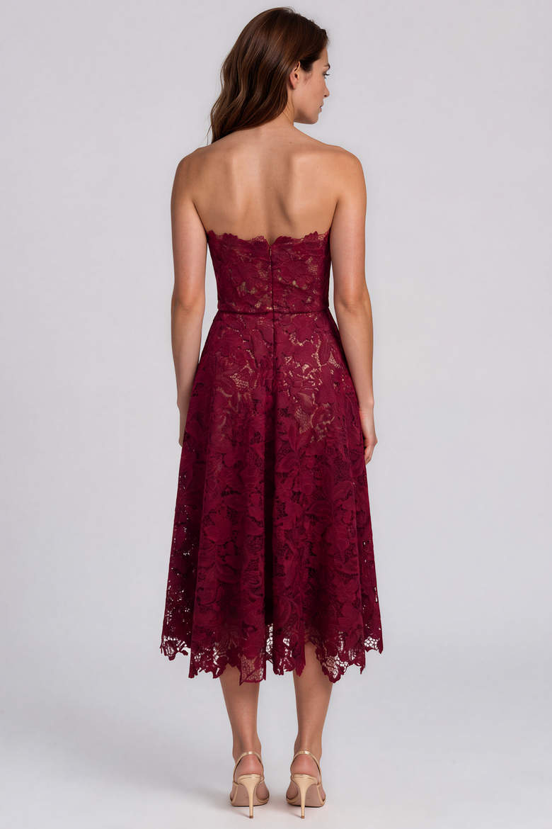 Strapless Guipure Lace A-Line Midi Cocktail, Alternate, color, Pink Burgundy