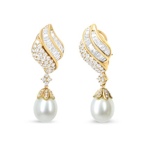 18k Yellow Gold 7 Cttw Diamond South Sea Pearl Dangle Earring