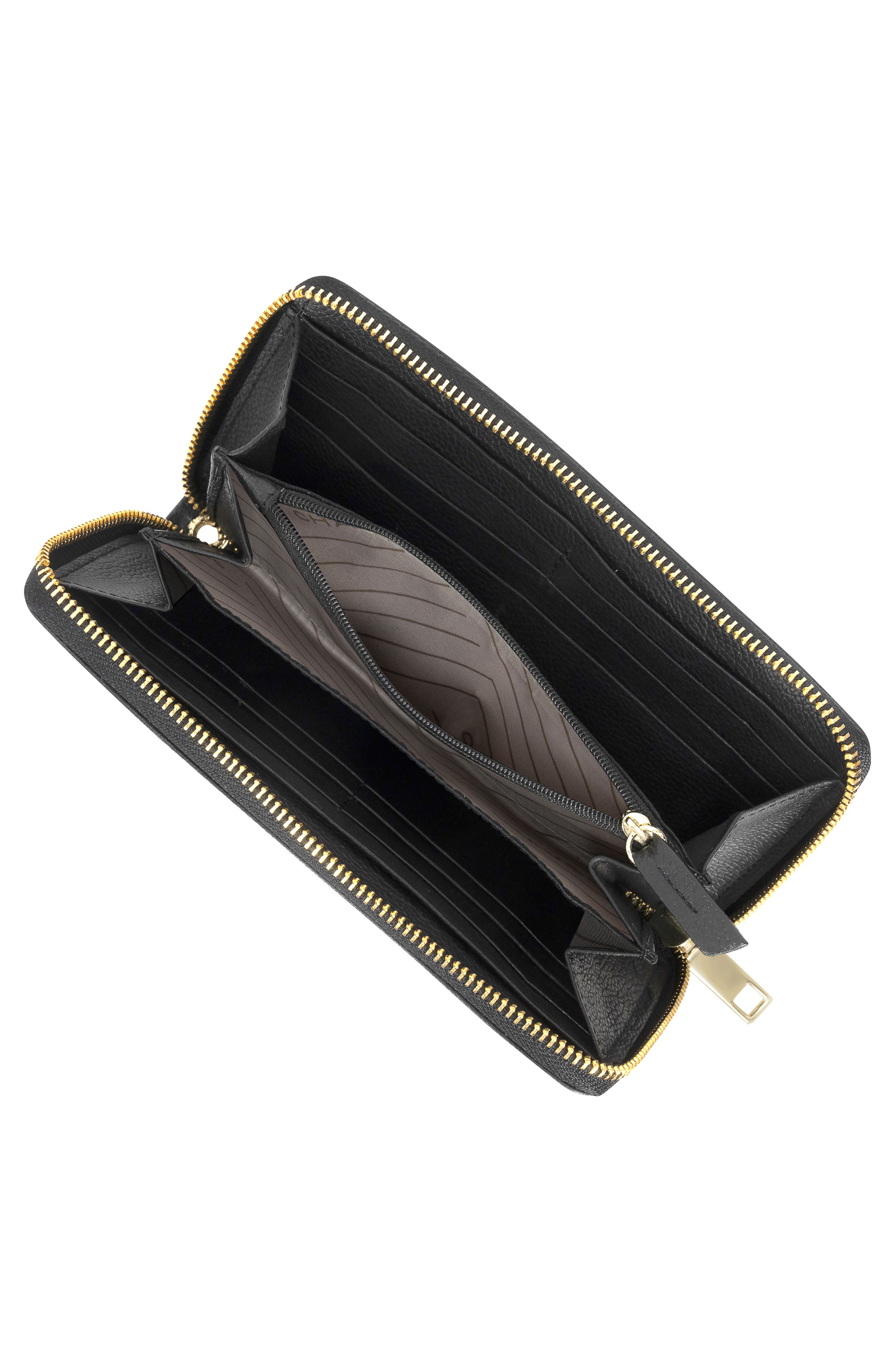 Leather Zip Around Clutch, Alternate, color, BLACK